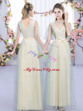 Champagne Wedding Party Dress Wedding Party with Lace and Bowknot Scoop Sleeveless Lace Up