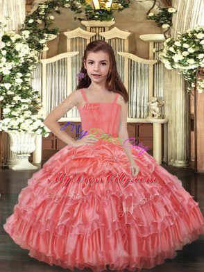 Watermelon Red Ball Gowns Straps Sleeveless Organza Floor Length Lace Up Ruffled Layers Child Pageant Dress