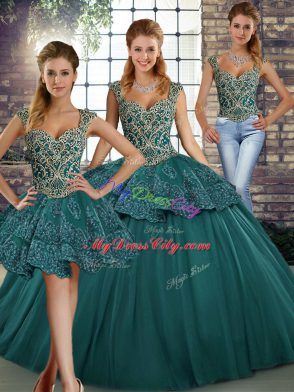 Best Selling Green Three Pieces Beading and Appliques Ball Gown Prom Dress Lace Up Tulle Sleeveless Floor Length