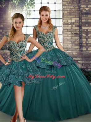 Best Selling Green Three Pieces Beading and Appliques Ball Gown Prom Dress Lace Up Tulle Sleeveless Floor Length