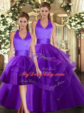 High Quality Halter Top Sleeveless Tulle Quinceanera Dresses Ruffles Lace Up