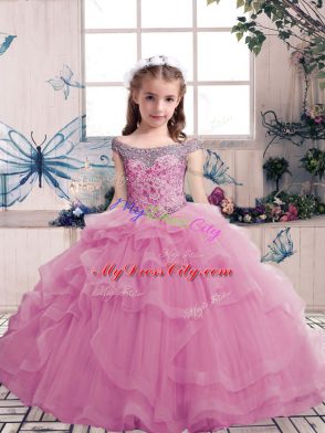 Best Lilac Scoop Neckline Beading Girls Pageant Dresses Sleeveless Lace Up