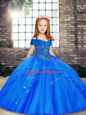 Sleeveless Tulle Floor Length Lace Up Little Girls Pageant Dress in Blue with Beading