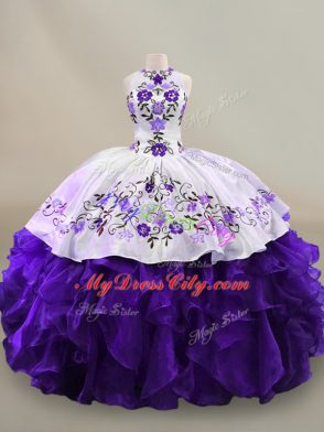 Unique White And Purple Ball Gowns Organza Halter Top Long Sleeves Embroidery and Ruffles Floor Length Lace Up Quinceanera Dress