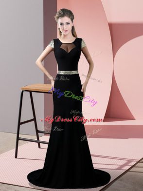 Luxurious Black Mermaid Square Short Sleeves Satin Sweep Train Backless Sequins Evening Dress