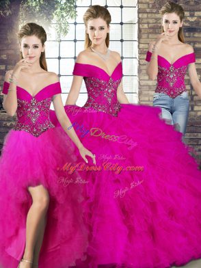 Superior Sleeveless Floor Length Beading and Ruffles Lace Up Quince Ball Gowns with Fuchsia