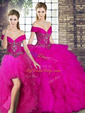 Superior Sleeveless Floor Length Beading and Ruffles Lace Up Quince Ball Gowns with Fuchsia