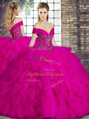 Superior Sleeveless Floor Length Beading and Ruffles Lace Up Quince Ball Gowns with Fuchsia