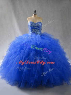 Royal Blue Sleeveless Floor Length Beading and Ruffles Lace Up Quinceanera Gowns