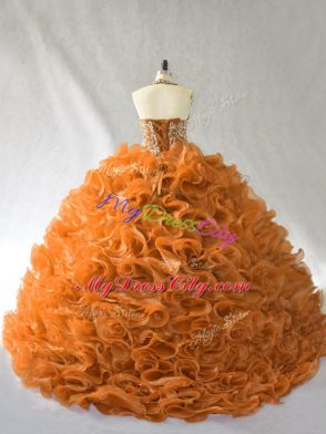 Vintage Orange and Brown Halter Top Neckline Beading and Ruffles 15th Birthday Dress Sleeveless Lace Up