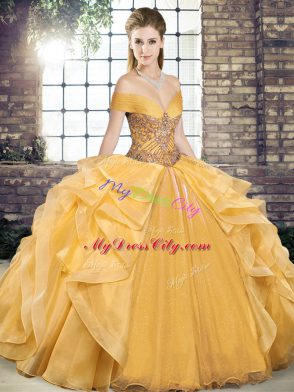 Best Gold Organza Lace Up 15th Birthday Dress Sleeveless Floor Length Beading and Ruffles