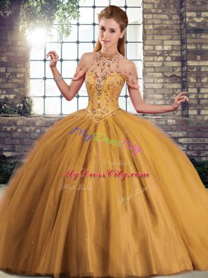 Lace Up Quinceanera Dresses Brown for Military Ball and Sweet 16 and Quinceanera with Beading Brush Train