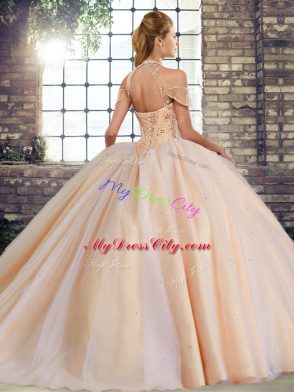 Lace Up Quinceanera Dresses Brown for Military Ball and Sweet 16 and Quinceanera with Beading Brush Train