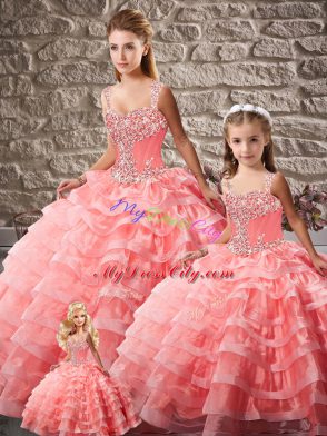 Ball Gowns Sleeveless Watermelon Red Sweet 16 Dress Court Train Lace Up