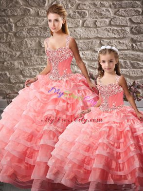 Ball Gowns Sleeveless Watermelon Red Sweet 16 Dress Court Train Lace Up