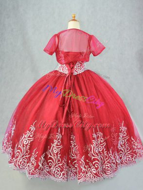 Tulle Spaghetti Straps Sleeveless Lace Up Beading and Embroidery Kids Formal Wear in Red