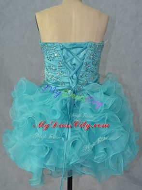 Aqua Blue Ball Gowns Organza Sweetheart Sleeveless Beading and Ruffles Mini Length Lace Up Prom Dresses