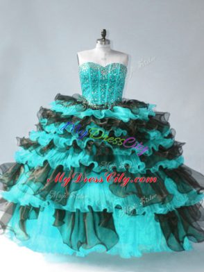 Fashion Blue And Black Lace Up Quinceanera Dresses Beading and Ruffled Layers Sleeveless Floor Length