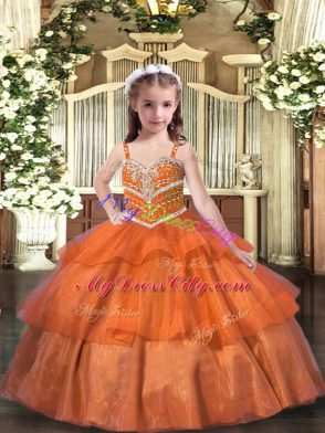 Sleeveless Organza Floor Length Lace Up Pageant Gowns For Girls in Orange with Ruffled Layers