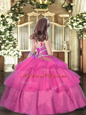 Sleeveless Organza Floor Length Lace Up Pageant Gowns For Girls in Orange with Ruffled Layers