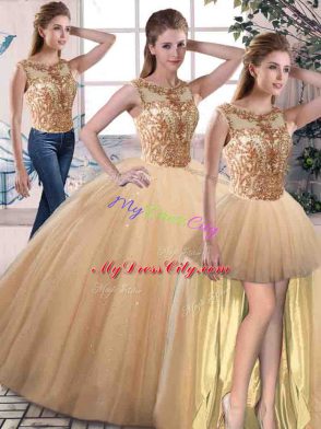 Chic Gold Sleeveless Floor Length Beading Lace Up Quinceanera Dress