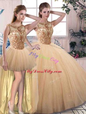 Chic Gold Sleeveless Floor Length Beading Lace Up Quinceanera Dress