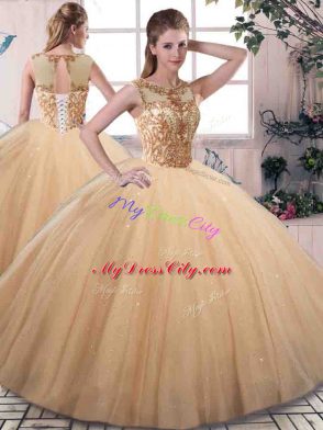 Chic Gold Sleeveless Floor Length Beading Lace Up Quinceanera Dress