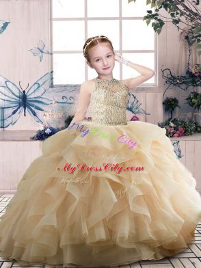 Ball Gowns Little Girl Pageant Dress Champagne Scoop Organza Sleeveless Floor Length Zipper