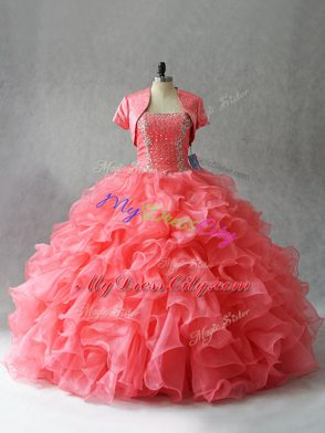 Top Selling Watermelon Red Organza and Tulle Lace Up Quinceanera Dress Sleeveless Floor Length Beading