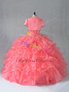 Top Selling Watermelon Red Organza and Tulle Lace Up Quinceanera Dress Sleeveless Floor Length Beading