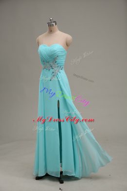 Aqua Blue Chiffon Zipper Prom Dress Sleeveless Floor Length Appliques and Ruching