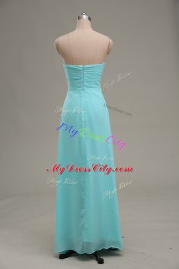 Aqua Blue Chiffon Zipper Prom Dress Sleeveless Floor Length Appliques and Ruching