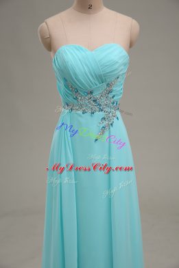 Aqua Blue Chiffon Zipper Prom Dress Sleeveless Floor Length Appliques and Ruching