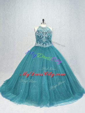 Sleeveless Tulle Brush Train Lace Up Quinceanera Gown in Teal with Beading