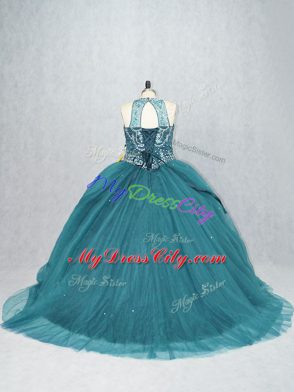 Sleeveless Tulle Brush Train Lace Up Quinceanera Gown in Teal with Beading