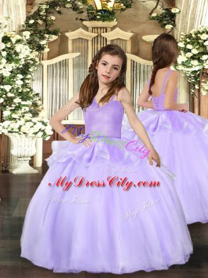 Floor Length Lace Up Pageant Dress Lavender for Party and Wedding Party with Beading