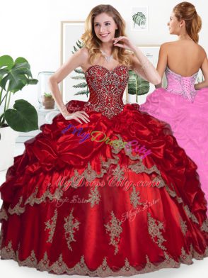 Floor Length Wine Red Vestidos de Quinceanera Organza Sleeveless Beading and Appliques and Pick Ups