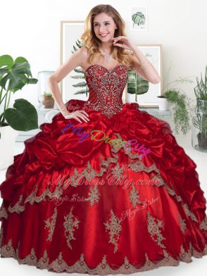 Floor Length Wine Red Vestidos de Quinceanera Organza Sleeveless Beading and Appliques and Pick Ups