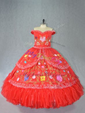 Dramatic Floor Length Lace Up Quinceanera Gown Red for Sweet 16 and Quinceanera with Embroidery