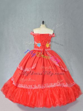 Dramatic Floor Length Lace Up Quinceanera Gown Red for Sweet 16 and Quinceanera with Embroidery