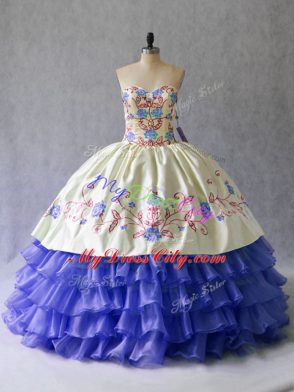 Blue Ball Gowns Sweetheart Sleeveless Satin and Organza Floor Length Lace Up Beading and Embroidery Sweet 16 Dresses