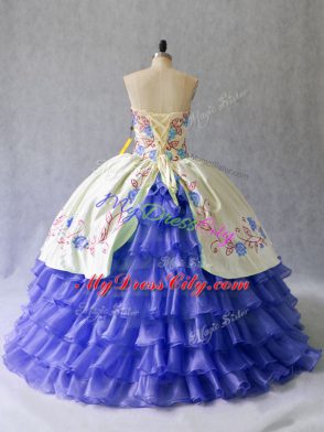 Blue Ball Gowns Sweetheart Sleeveless Satin and Organza Floor Length Lace Up Beading and Embroidery Sweet 16 Dresses