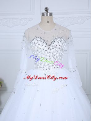 Custom Fit Tulle Scoop Long Sleeves Lace Up Beading Wedding Gown in White