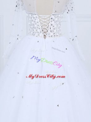 Custom Fit Tulle Scoop Long Sleeves Lace Up Beading Wedding Gown in White