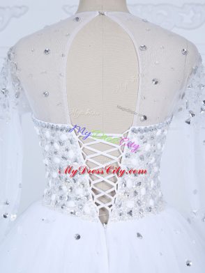 Custom Fit Tulle Scoop Long Sleeves Lace Up Beading Wedding Gown in White