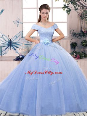 Short Sleeves Lace Up Floor Length Lace and Hand Made Flower 15th Birthday Dress