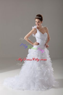 Custom Made White A-line One Shoulder Sleeveless Organza Brush Train Lace Up Ruffles and Hand Made Flower Wedding Gowns