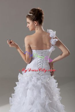Custom Made White A-line One Shoulder Sleeveless Organza Brush Train Lace Up Ruffles and Hand Made Flower Wedding Gowns