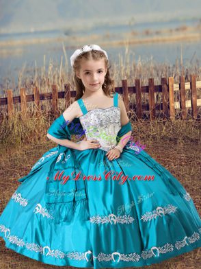 Floor Length Teal Little Girl Pageant Gowns Straps Sleeveless Lace Up