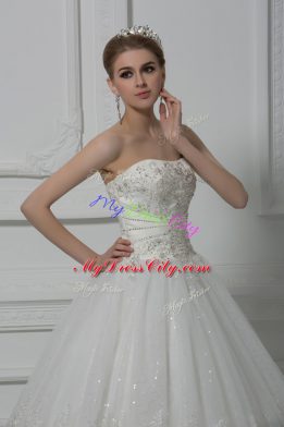 Charming White Strapless Lace Up Beading and Lace Wedding Gown Sleeveless